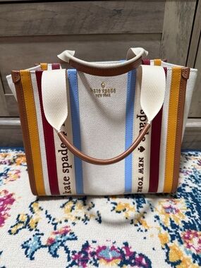 kate spade Multicolor Striped small Canvas Tote with Leather Trim